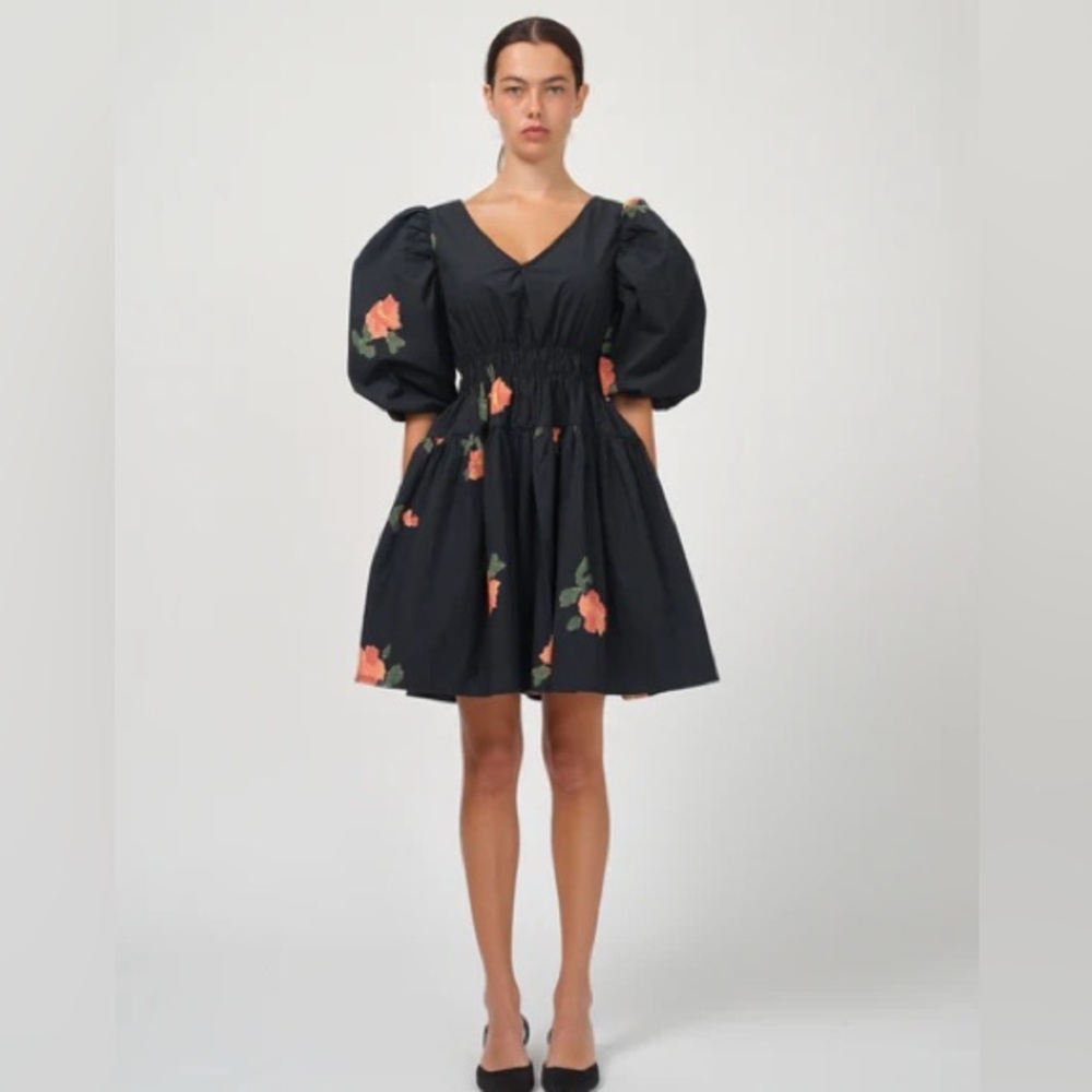 Naya Rea Floral Mini Dress Size M Black Puff Sleeve Open Back